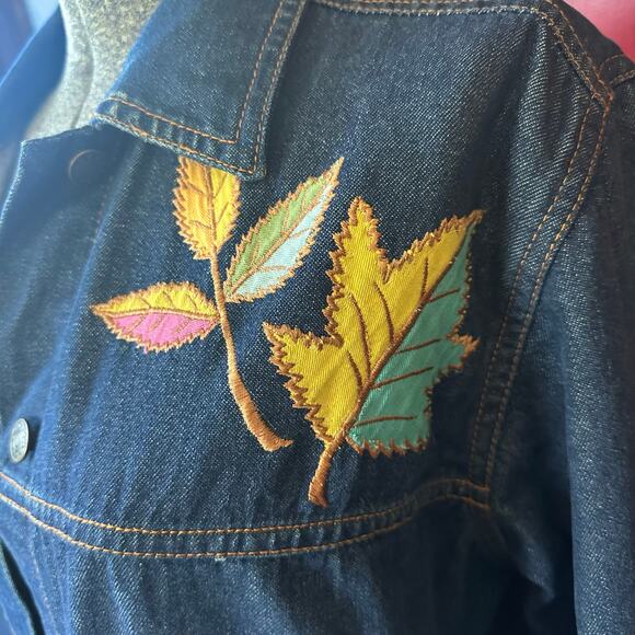 90s Y2K Denim Jacket Silver Threads Embroidered Leaf Jean Coat Women’s L Fall - Picture 14 of 15